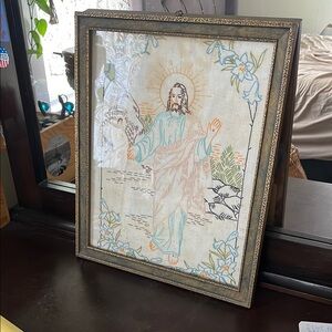 ▫️ Vtg Jesus Embroidery Framed Christian Art